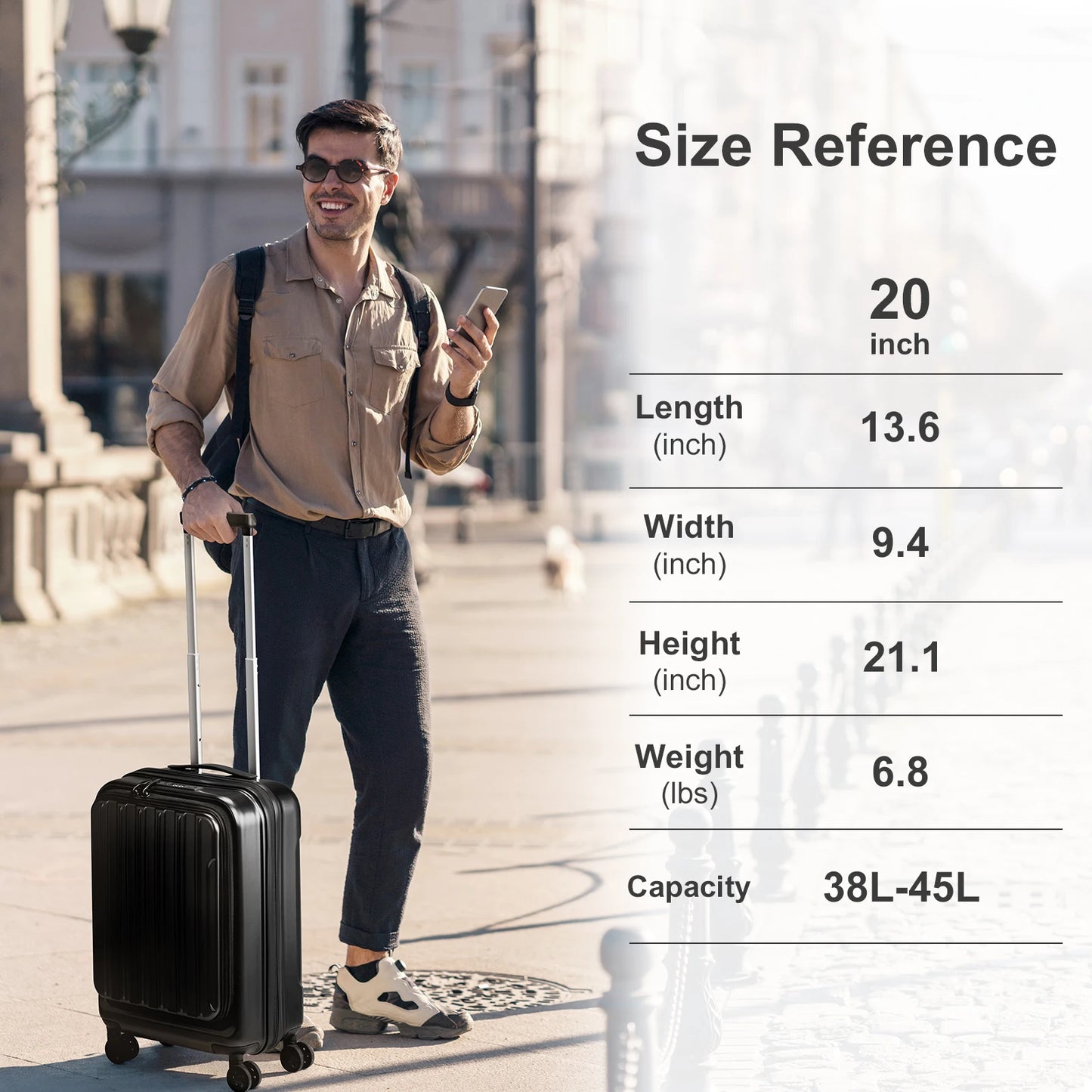 22 ×14 × 9 Airline Approved with USB Port, ABS+PC 20 Inch Luggage with Front Compartment, Double Spinner Wheels, TSA Lock Black