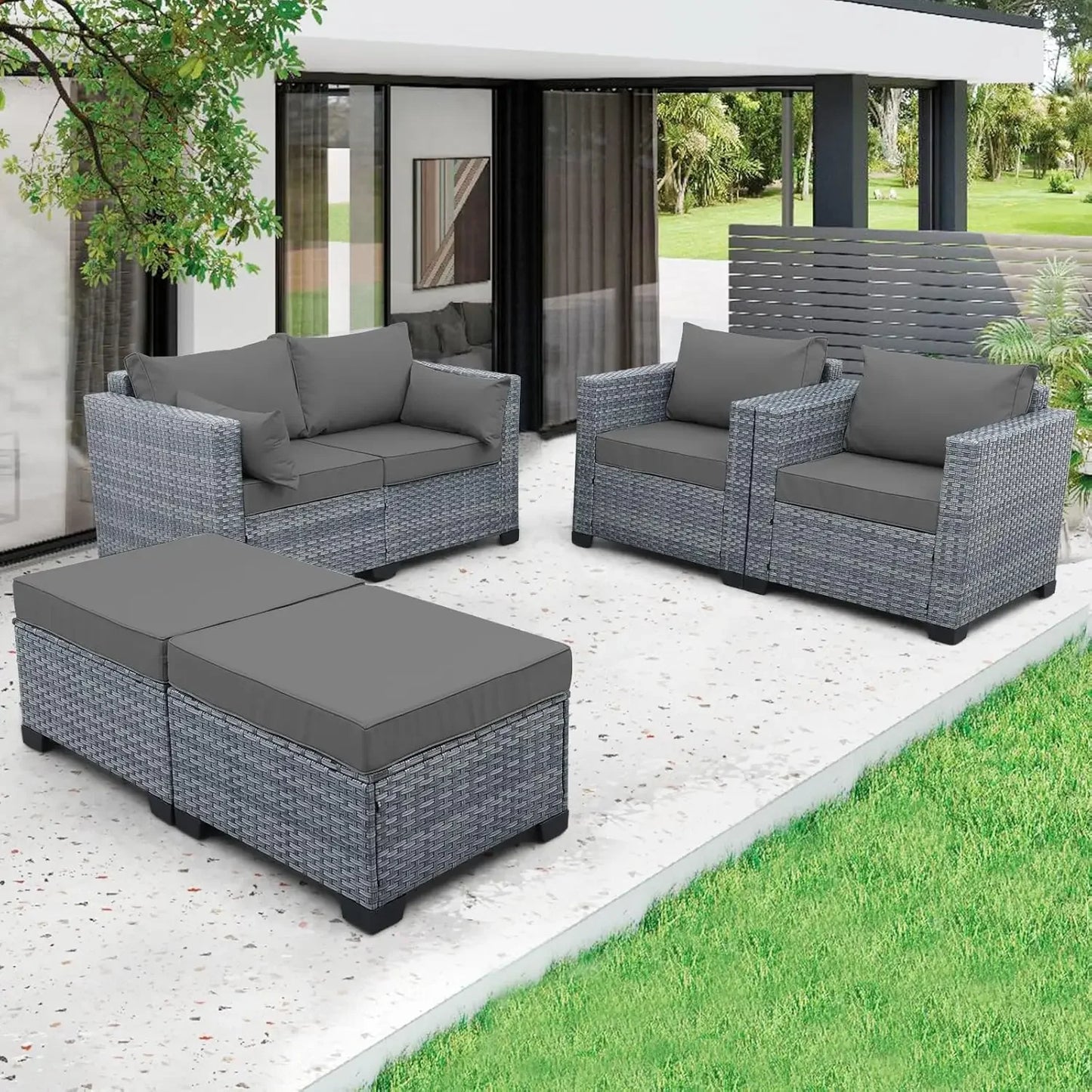 5PCS Patio Furniture Set, Outdoor Wicker Conversation Set w/ Ottomans, All-Weather PE Rattan Love Seat & Chair Set w/ Cushions