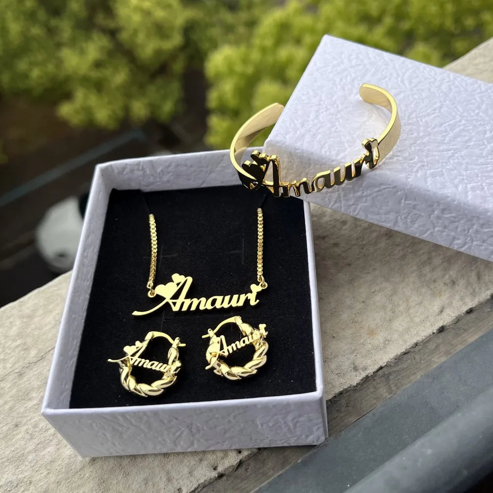 DUOYING Custom Name Jewelry Set Personalized Letter Necklace Customized Name Bangles Stainless Steel Mini Hoop Earrings 18mm