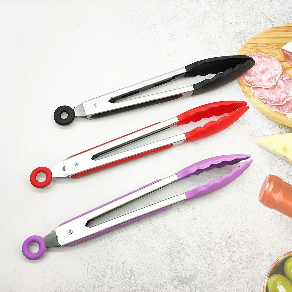 1Piece 9 Inch Silicone Food Tong Stainless Steel Grill Tongs Non-Slip BBQ Salad Grilling Tong Household Kitchen Cooking Tools