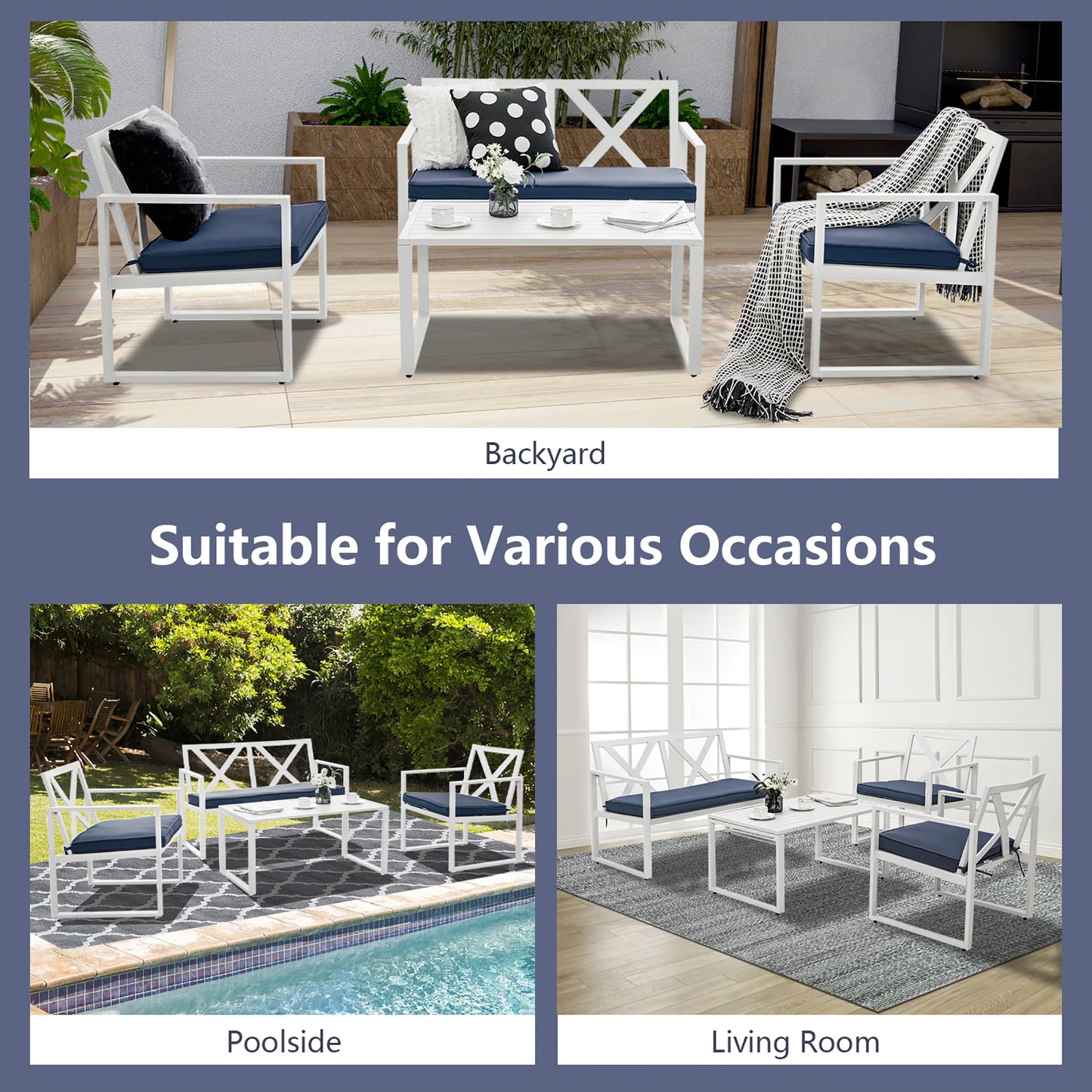 4PCS Patio Conversation Furniture Set Armrest Cushioned Loveseat Sofas Garden