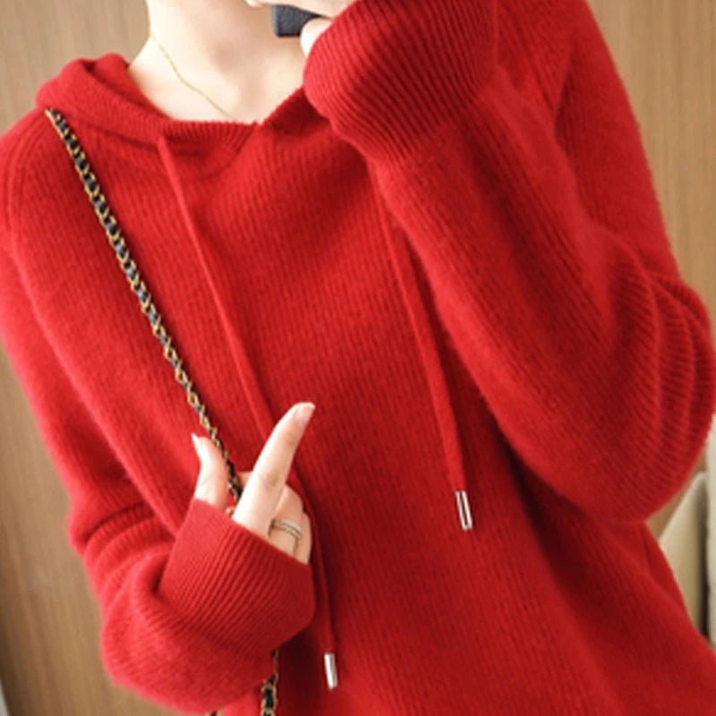 Winter Women's Knitted Cashmere Pullover Fashion Wool Sweater Hooded Neck Long Sleeve plane Soft&warm high-quality Basics Tops