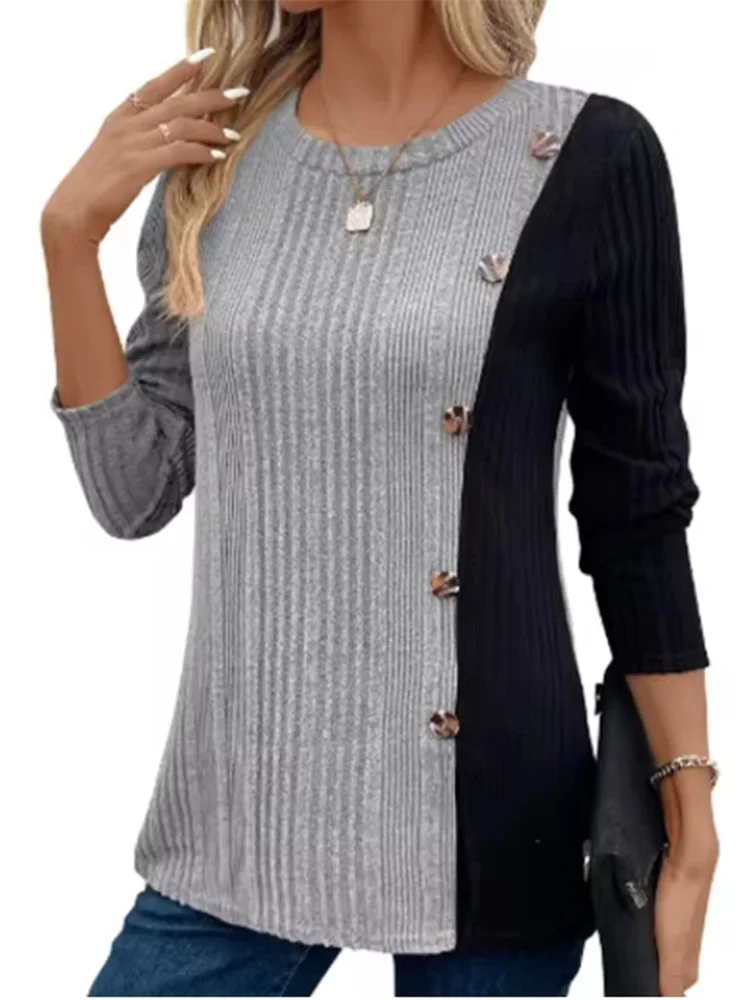 Women's Round Neck Long Sleeved Color Blocked Button T-shirt Daily Office Casual Comfortable Autumn Top