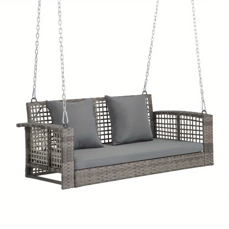 4FT Wicker Hanging Porch Swing Outdoor Rattan Swing Bench with 2 Back Cushions