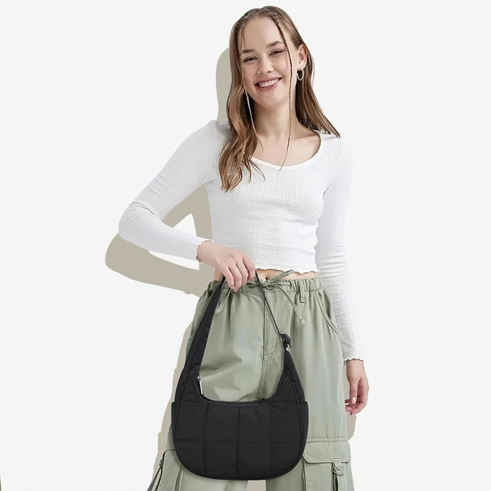 Puffer Crescent Bag for Women Adjustable Strap Shoulder Bag Nylon with Zipper Shoulder Purse Hobo Bag for Work Travel