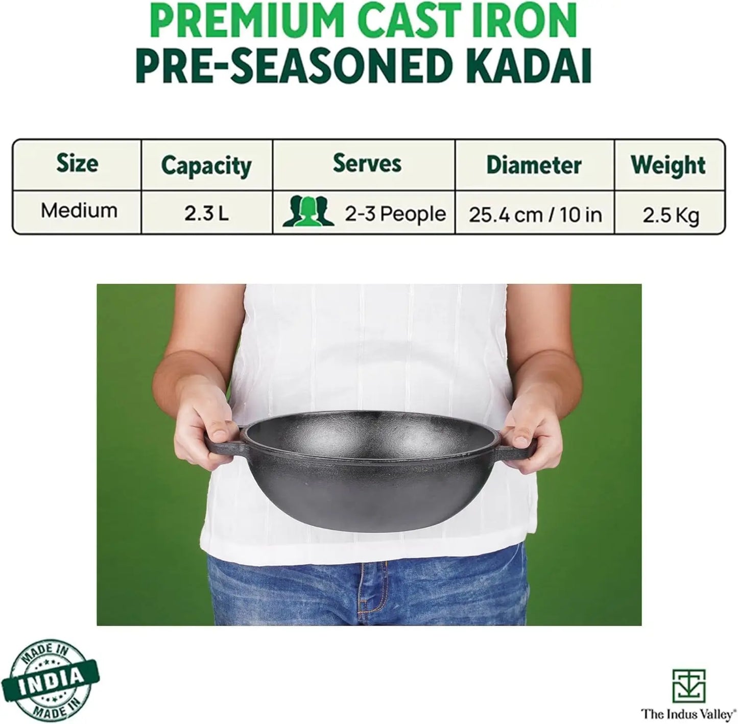Pre-Seasoned Cast Iron Kadai with Flat Handles Free Wooden Flip | Medium, 25.4 cm/10 inch, 2.3Ltr, 2.5kg