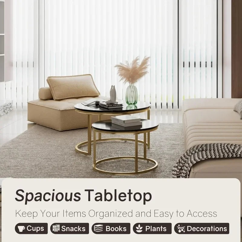 Nesting Tables Set of 2, 31.5" Round Coffee Table, Small Nesting Coffee Table with Adjustable Non-Slip Fee, Black Marble Top