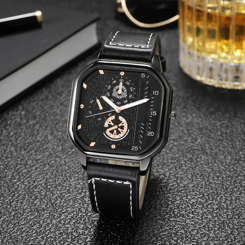 Men Quartz Watches Alloy Dial Business Men Watch PU Leather Strap Square Sports Watch Cool Black Wristwatch for Man Reloj Hombre