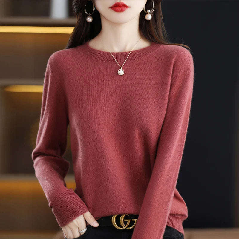 100% pure wool cashmere sweater women's O-neck pullover casual knit top autumn and winter women's coat Korean fashion