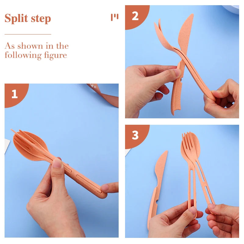 Wheat Straw Tableware Set Eco Friendly 3In1 Cutlery Picnic Tableware Office School Portable Small Dinnerware Camping Cutlery Set