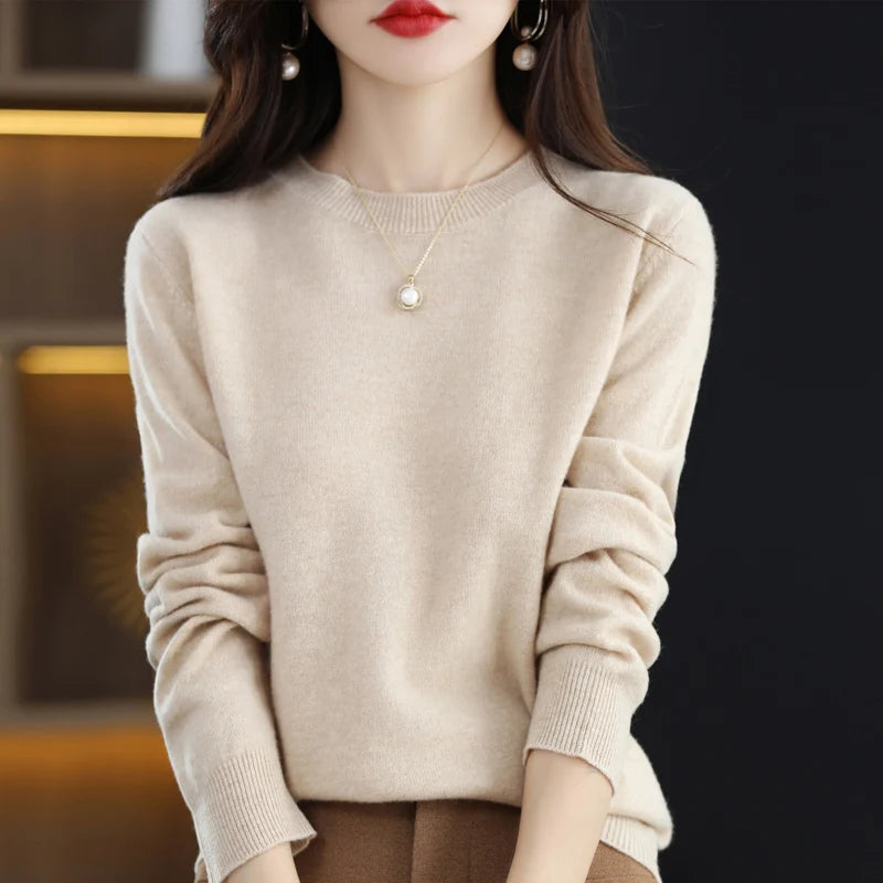 100% pure wool cashmere sweater women's O-neck pullover casual knit top autumn and winter women's coat Korean fashion