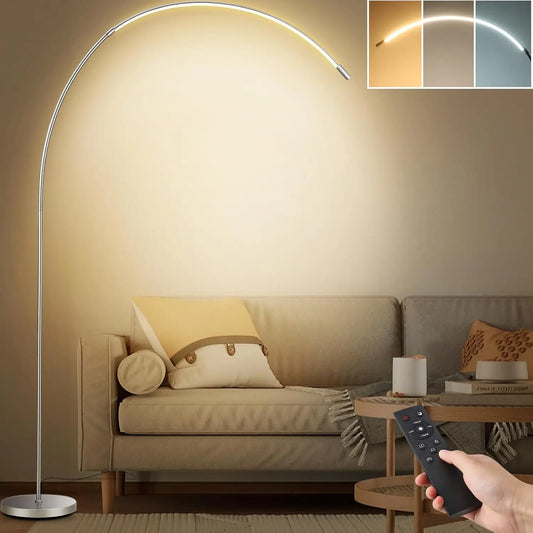 LED Arc Floor Lamp for Living Room, Silver Modern Standing Lamp With Remote Control, 3 Color Temperature Reading Floor Lamp