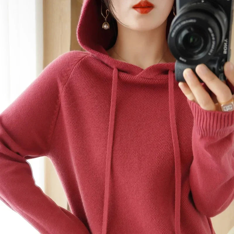 Hooded Sweater Woman Autumn Winter Long Sleeve Warm Bottoming Shirt Solid Casual Pullovers Knit Tops Korean Fashion Jumper 2024
