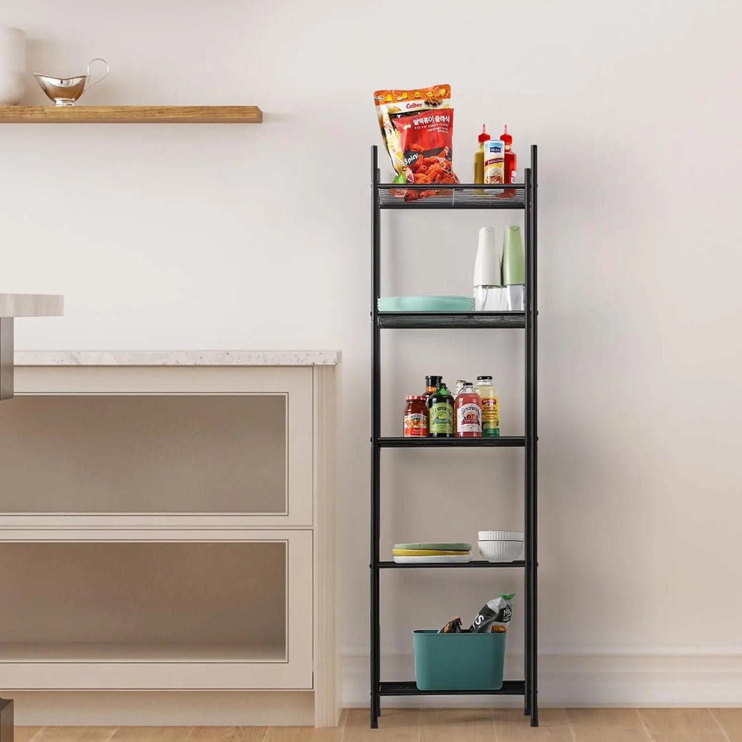 Narrow towel rack with five layers of storage for household shelves, modern storage tower cabinet with tissue rack