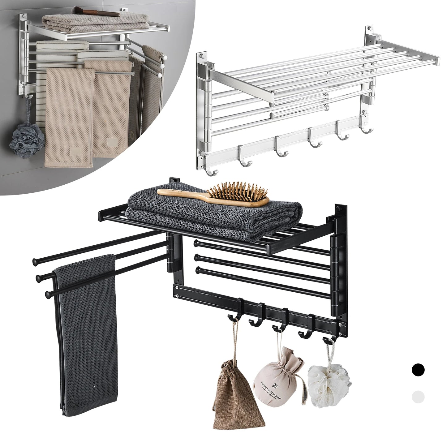 Laundry Clothes Drying Rack Bathroom Towel Rack Wall Mounted Towel Holder w/Hook