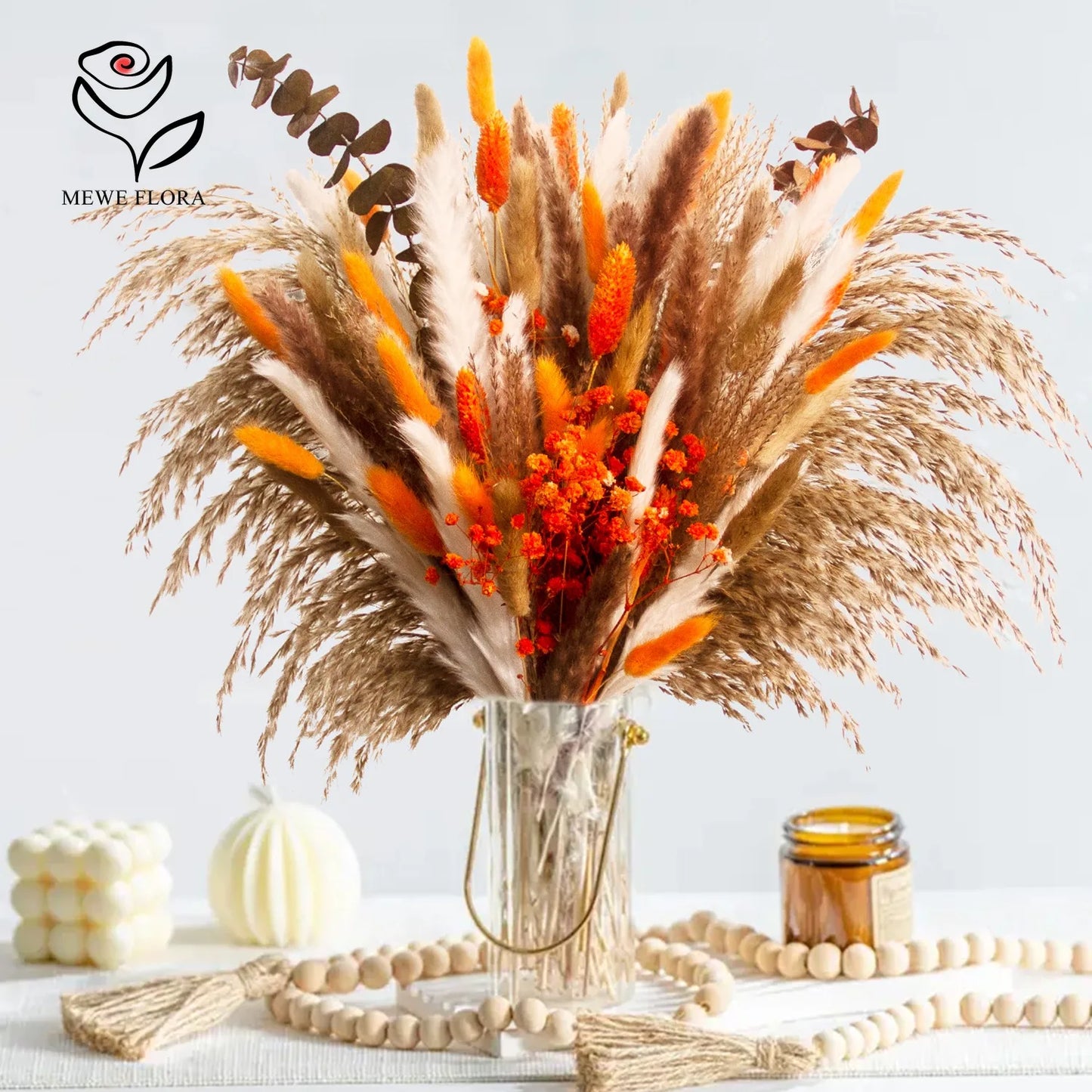 Dried Natural Flowers Pampas Bouquet Sets Autumn Decorative Orange Gypsophila Rabbit Tail Grass Rustic Chic Home Decor for Vase