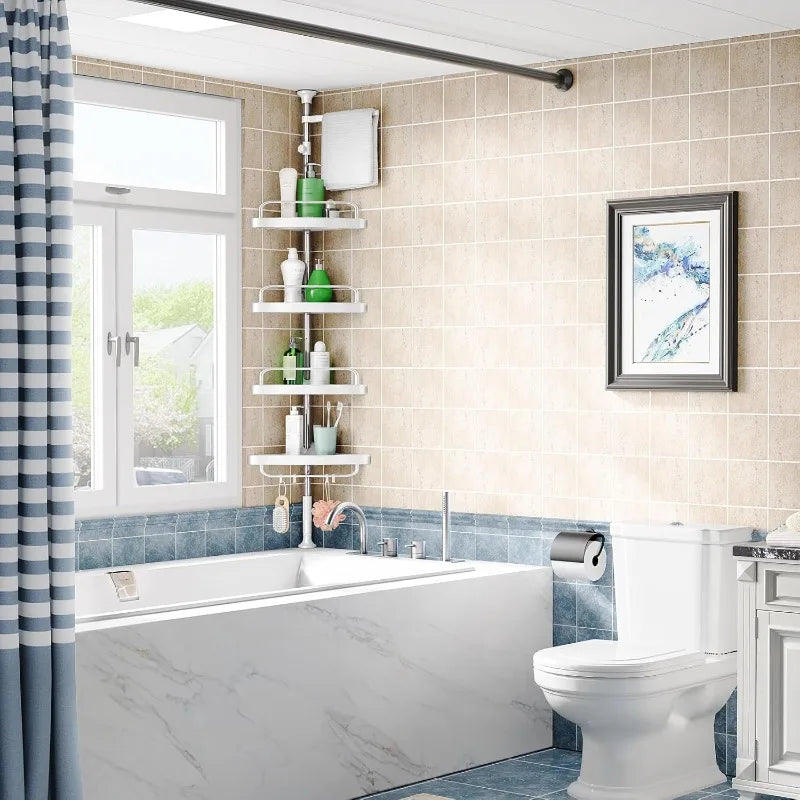 Corner Shower Shelf Tension Rod: Rust-Proof 4-Tier Shampoo Storage Organizer for Indoor Shower - Telescopic Rod Shower Rack