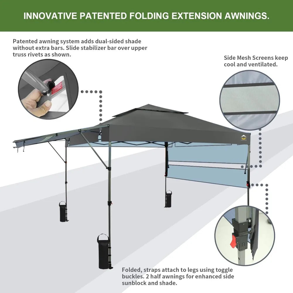 Pop up Canopy Tent Patended Centerlock Instant Commercial Canopy with 150D Silver Coated Fabric Including 2 Extend Awnings