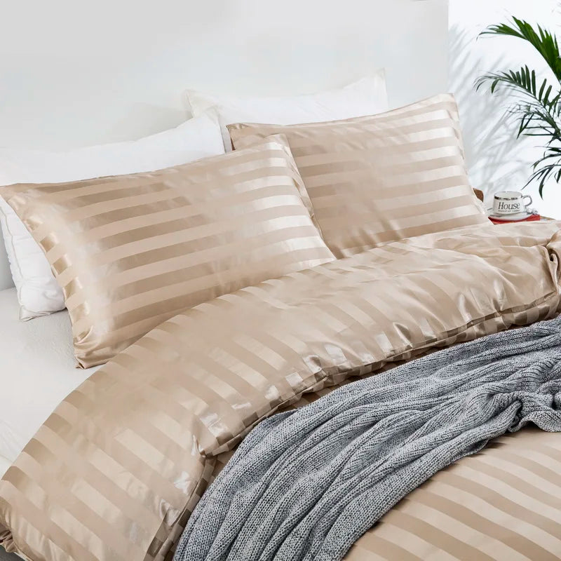 Satin Striped Duvet Cover Twin/Full/Queen/King/Single/Double Size Set, Luxury Silky Like Khaki Stripe Duvet Cover Bedding Set