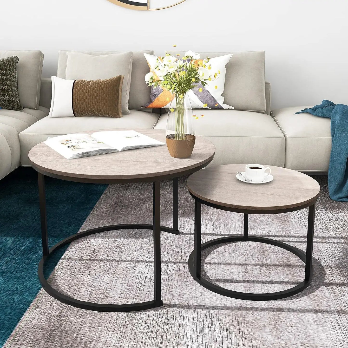 Round Coffee Table Set of 2 Modern Nesting Side End Table for Living Room,Round Wooden Coffee Table with Solid.