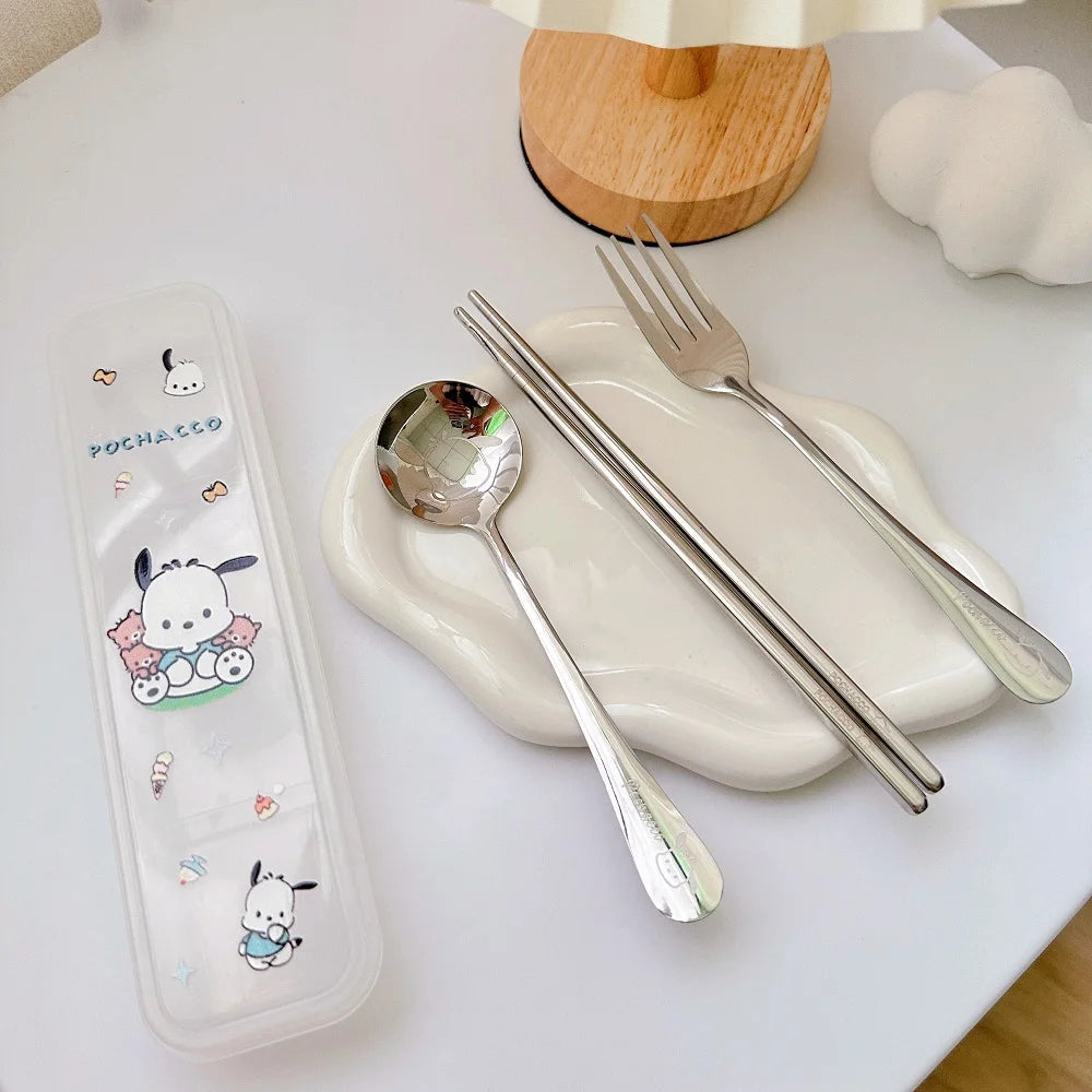 Sanrio Cutlery Set Mymelody Kuromi Kawaii Spoon Fork Chopstick Tableware Set Portable Dinnerware for Kid Anime Flatware with Box