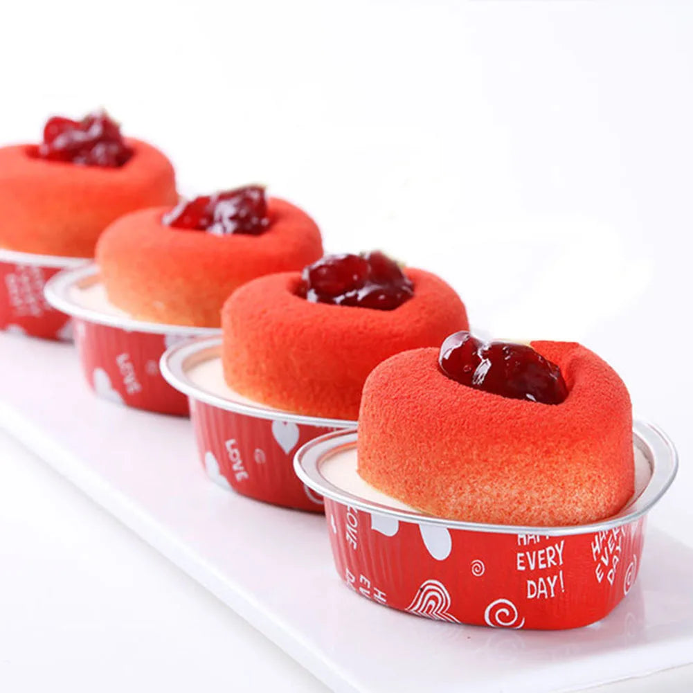 50 Pcs 100ml Tin Foil Cake Cup With Lid Heart-shaped Aluminum Foil Pudding Mousse Disposable Baking Tray Heat Resistant Mould