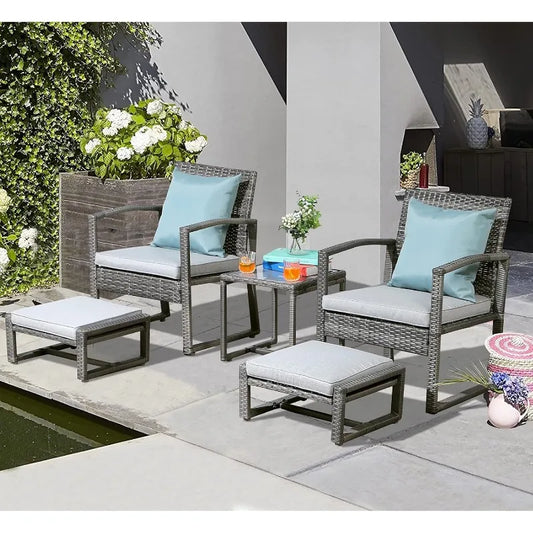 Patiorama 5 Piece Outdoor Patio Wicker Furniture Set, All Weather PE Rattan Chair and Ottoman Footstool Set, W/Coffee Table,