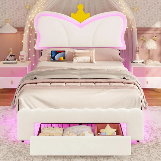bedstead.Twin Bed Frames with LED Lights and Storage Drawer,Upholstered Bed Frame Twin Size with Height AdjustableCrownHeadboard