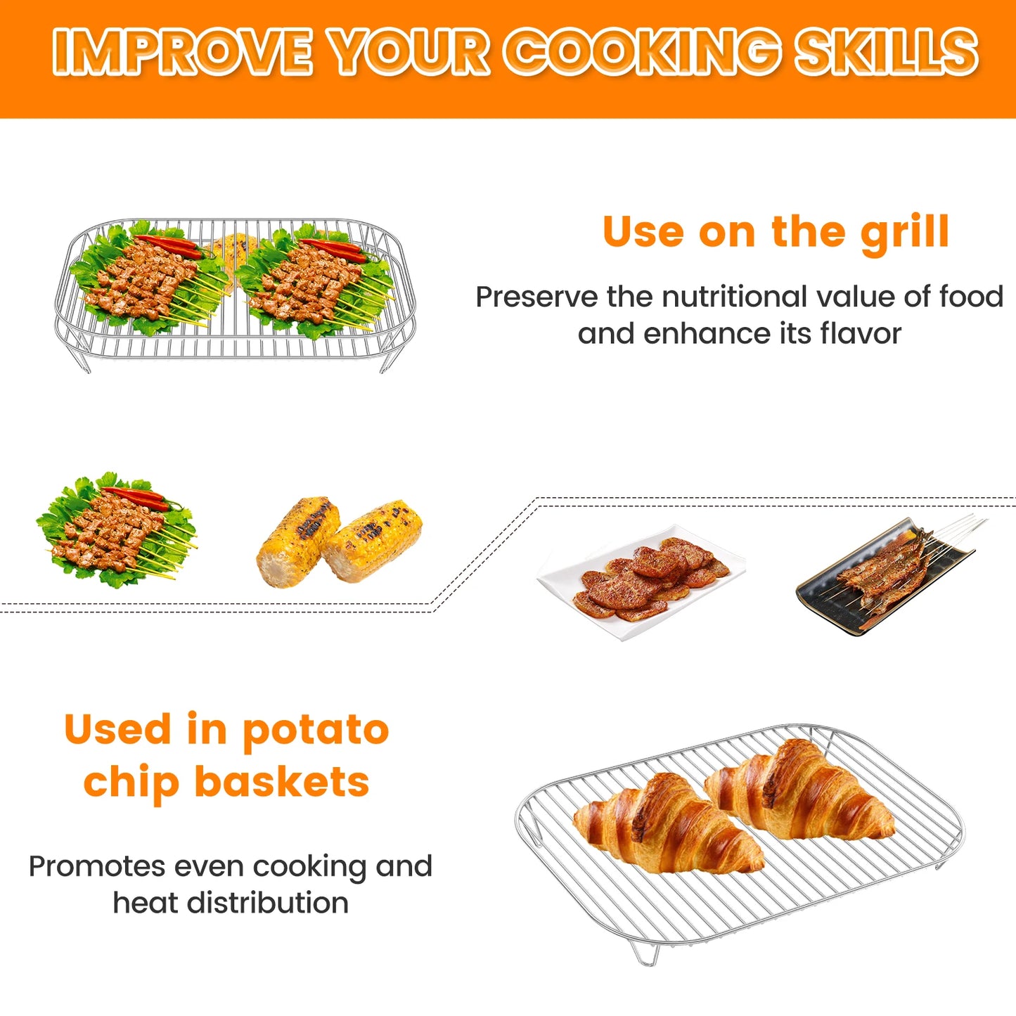4/2pc Grill Rack Stainless Steel Cooking Grill Rack Air Fryer Grilling Rack for Kitchen Oven Baking Outdoor BBQ Grill Mesh Pan