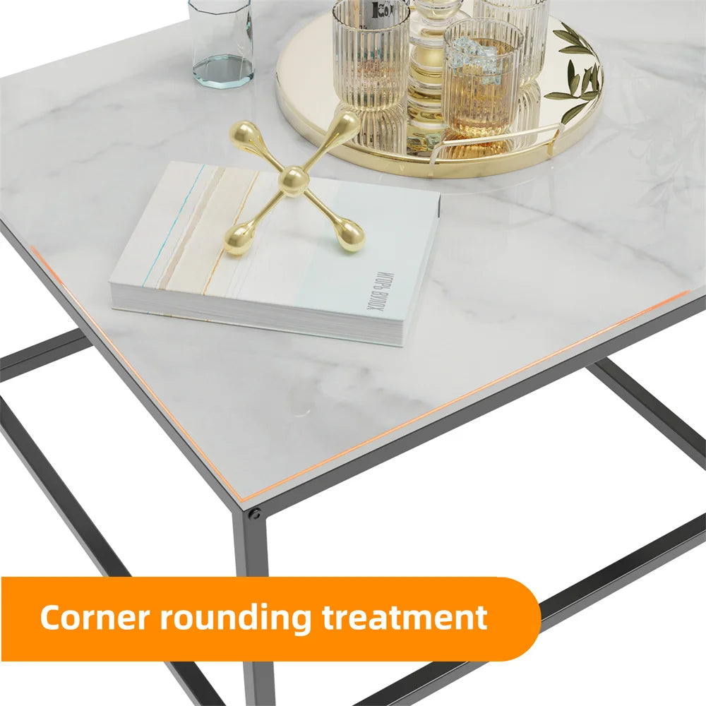 LUVODI Set of 2 Living Room Stackable Rectangle Nesting Coffee Accent Tables with Black n White Sintered Stone Tabletop