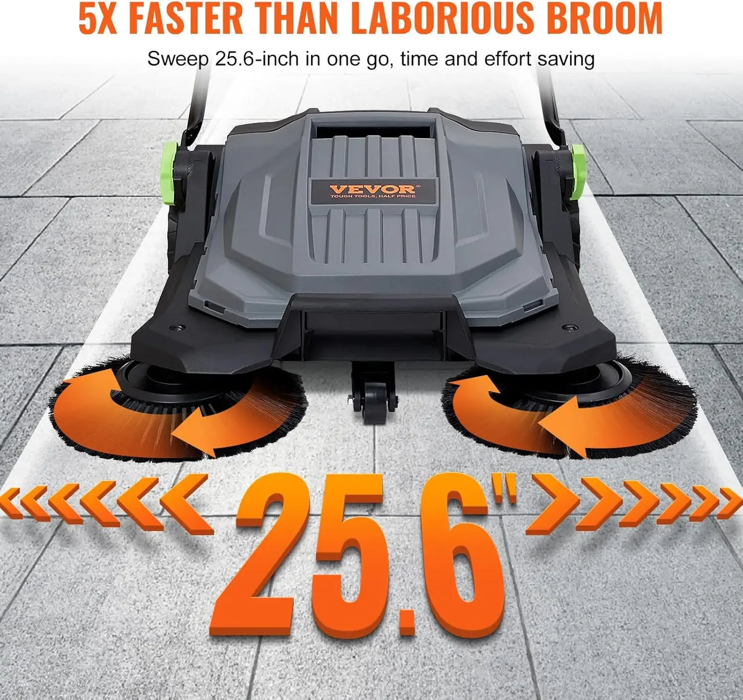 25.6" Sweeping Width Floor Sweeper Manual Non-Electric 5-Gallon Waste Container, Angle & Height Adjustable Folding Handle