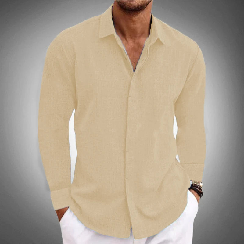 2024 New Men's casual Long sleeve shirt solid color lapel hidden button fashion comfortable high street top