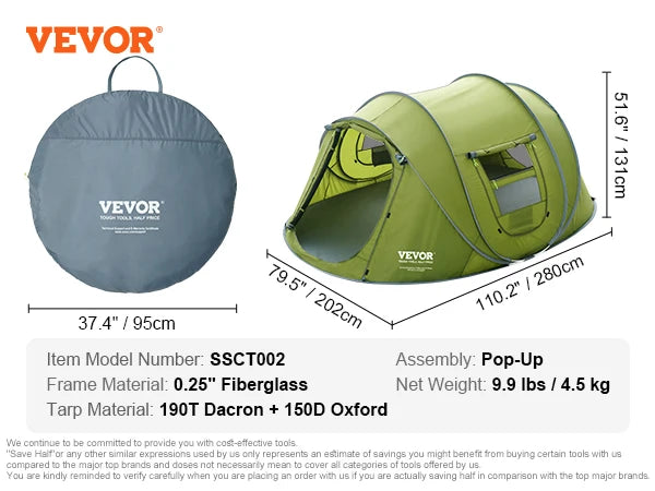 VEVOR 6 Person Outdoor Profession Fabric Tent Rainfly Waterproof Camping Tent Family Outdoor Instant Setup Tent with Carring Bag