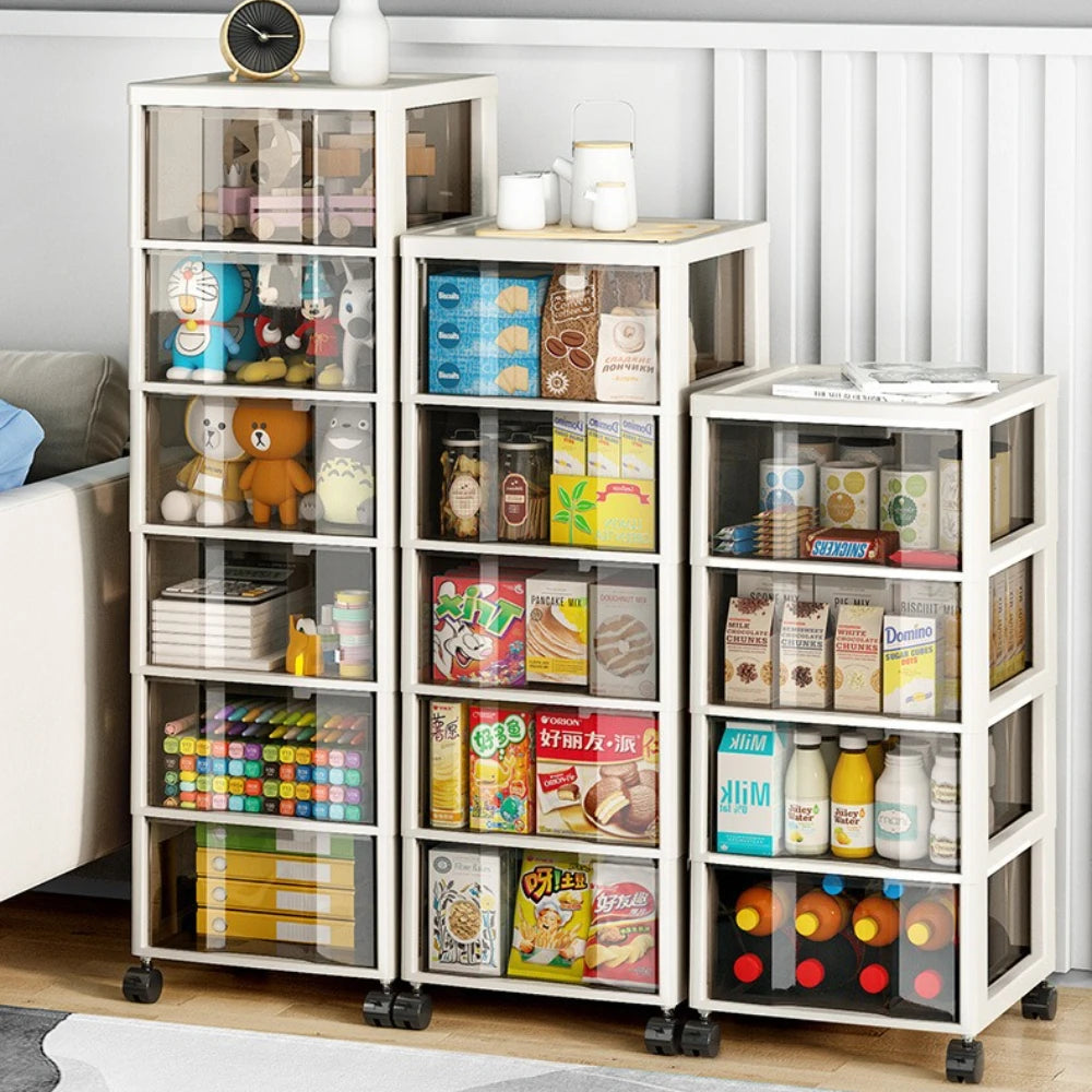 Plastic Storage Cabinet with Wheels Movable Big Capacity A Living Room Convenient Lockers Vertical Multilayer Transparent Shelf