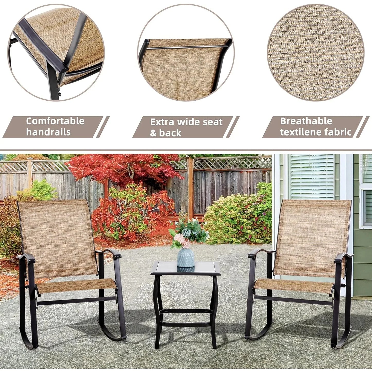 3 Piece Outdoor Rocking Bistro Set,Textilene Fabric Small Patio Furniture Set,Front Porch Rocker Chairs Conversation Set (Brown)