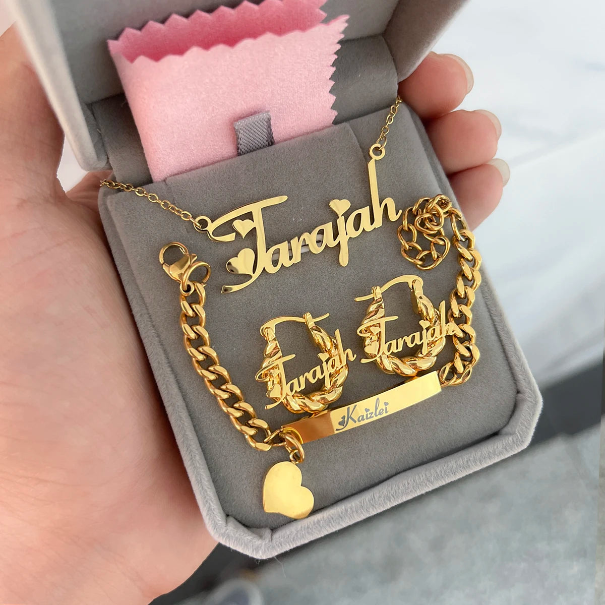 Customized Jewelry Sets Name Children's Set Personalized Letter Necklace Name Bangles Stainless Steel Mini Earring For Kids Gift