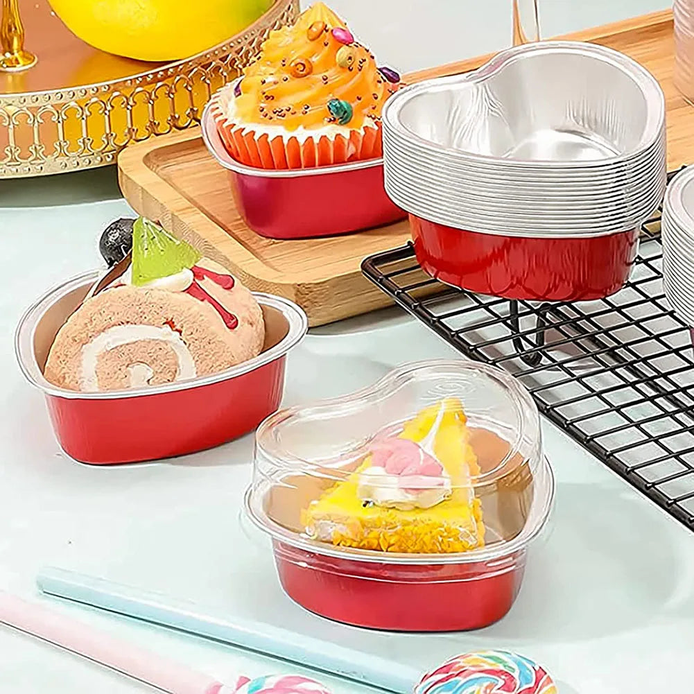 50 Pcs 100ml Tin Foil Cake Cup With Lid Heart-shaped Aluminum Foil Pudding Mousse Disposable Baking Tray Heat Resistant Mould