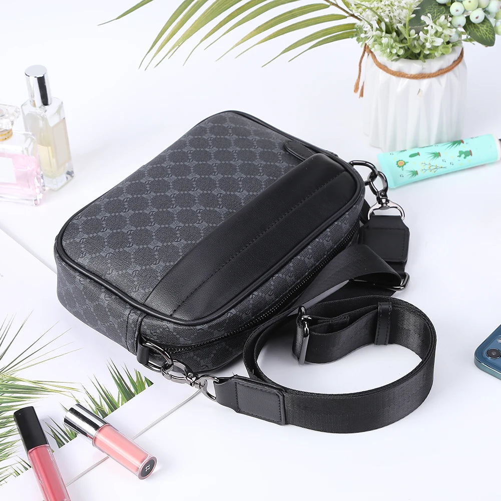 Casual Business Shoulder Bag for Men PU Leather Messenger Bag Wide Strap Crossbody Bags Square Plaid Designer Male Sling Purses