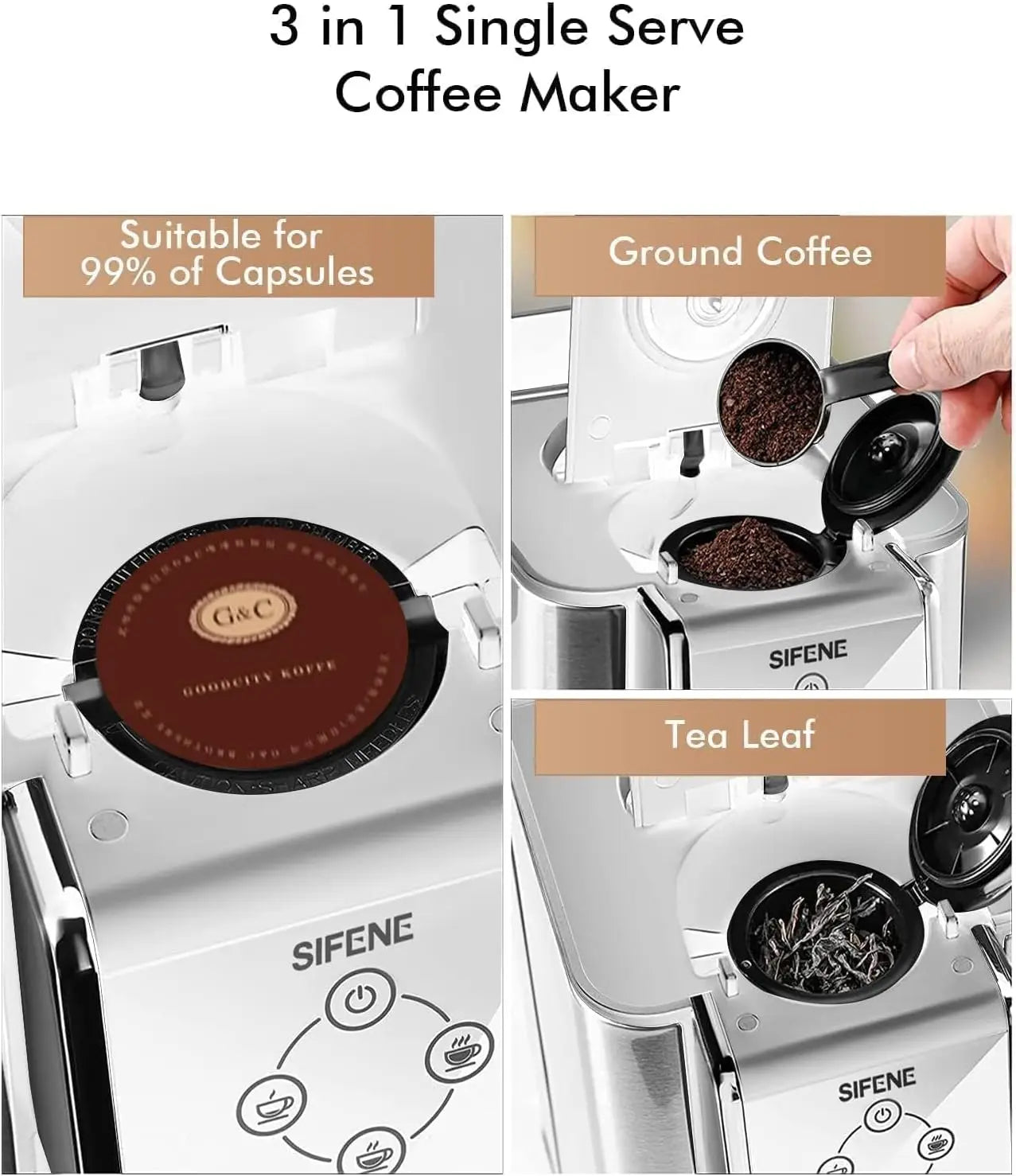 SIFENE Single Serve Coffee Machine, 3 in 1 Pod Coffee Maker For K-Pod Capsule, Ground Coffee Brewer, Leaf Tea Maker, White