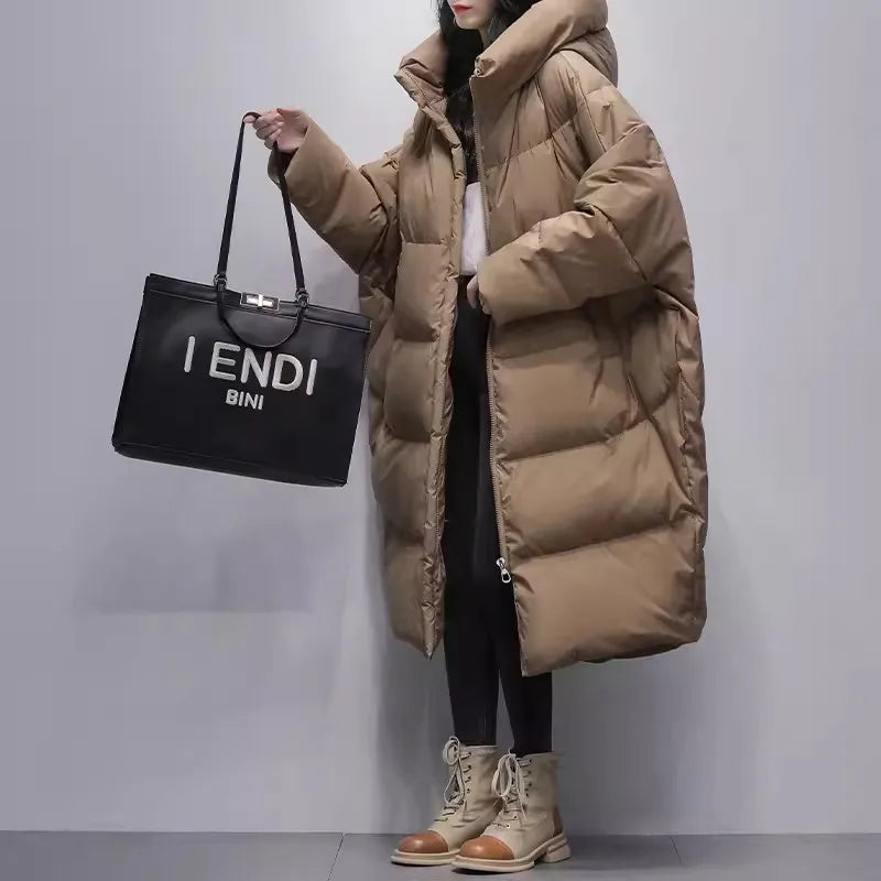 Winter Long Down Jacket Female 2025 New Korean Bat sleeve Hooded 90% White duck down Coat Women's Loose Warm Parkas Overcoat