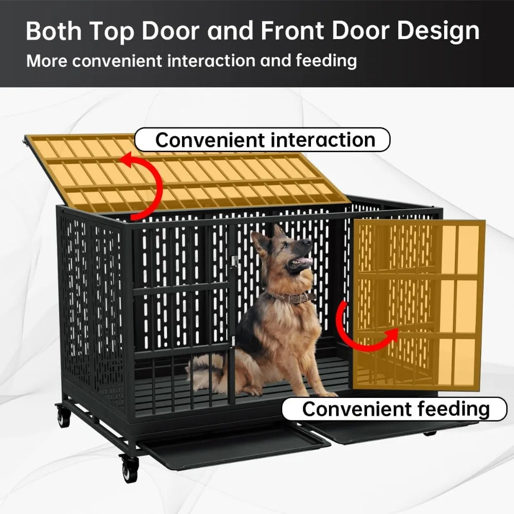 42/38 Inch Heavy Duty Dog Crate with Wheels, Folding Metal Big Dog Cage for Large and Medium Dogs, Indestructible Dog Crate