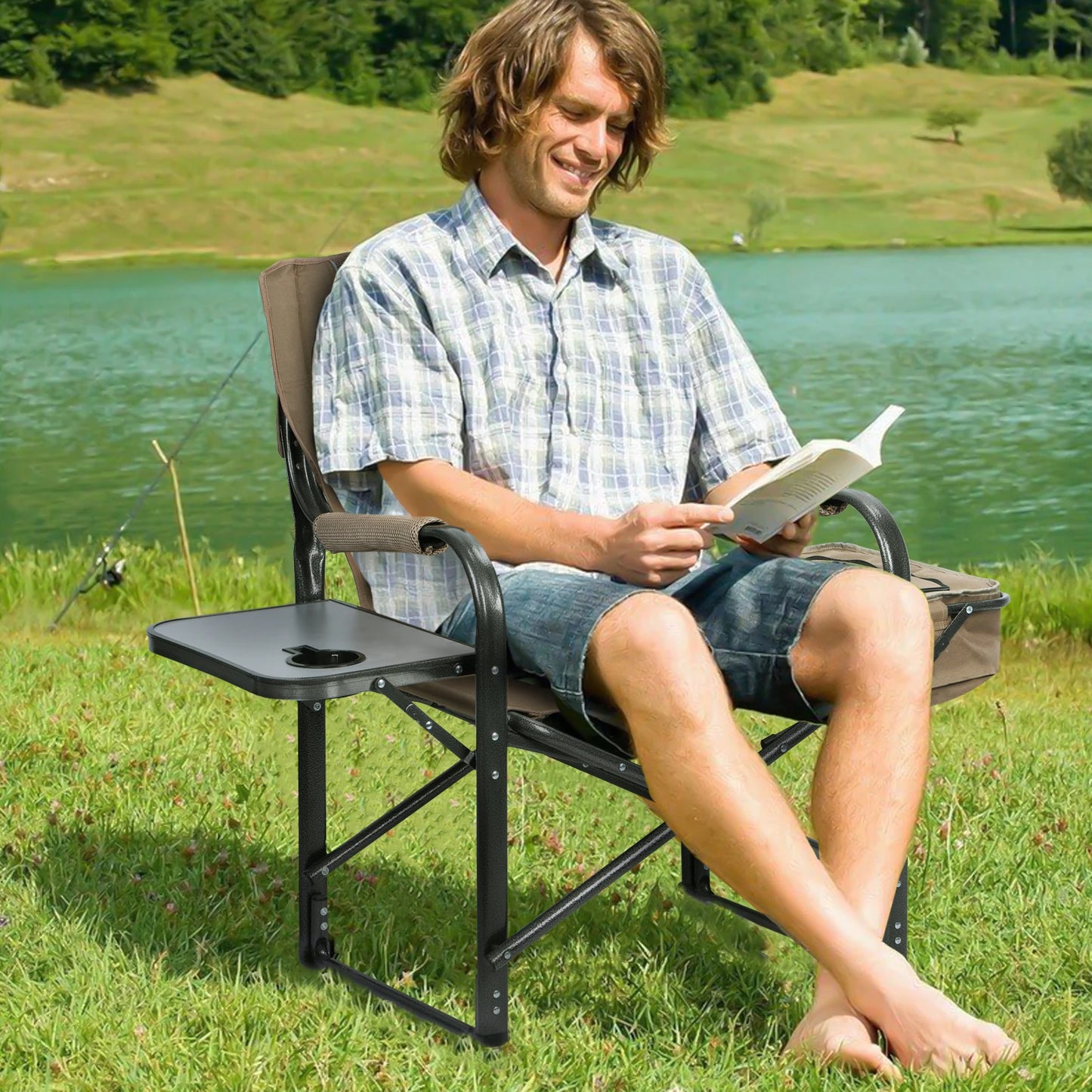 Fishing Chair, Folding Ice Camping Chair for Adults, Outdoor Folding Chair with Cooler Bag and Cup Holder, Director Chair