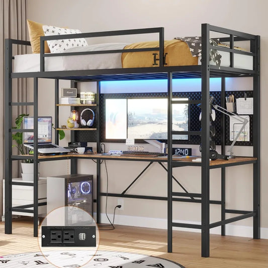 Twin Size Loft Bed with U Shaped Desk and Led Lights Twin LED Loft Metal Bed Frame with Charging Station and Storage Shelves