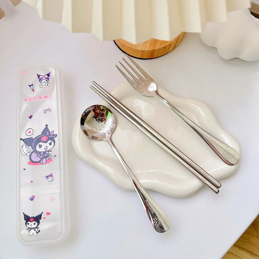 Sanrio Cutlery Set Mymelody Kuromi Kawaii Spoon Fork Chopstick Tableware Set Portable Dinnerware for Kid Anime Flatware with Box
