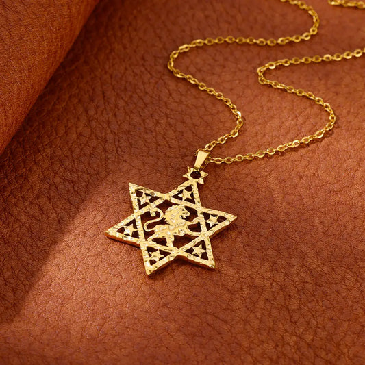 Lion Star of David Necklaces For Women Men Gold Color Stainless Steel Pendant Necklace Male Female Neck Chain Jewelry
