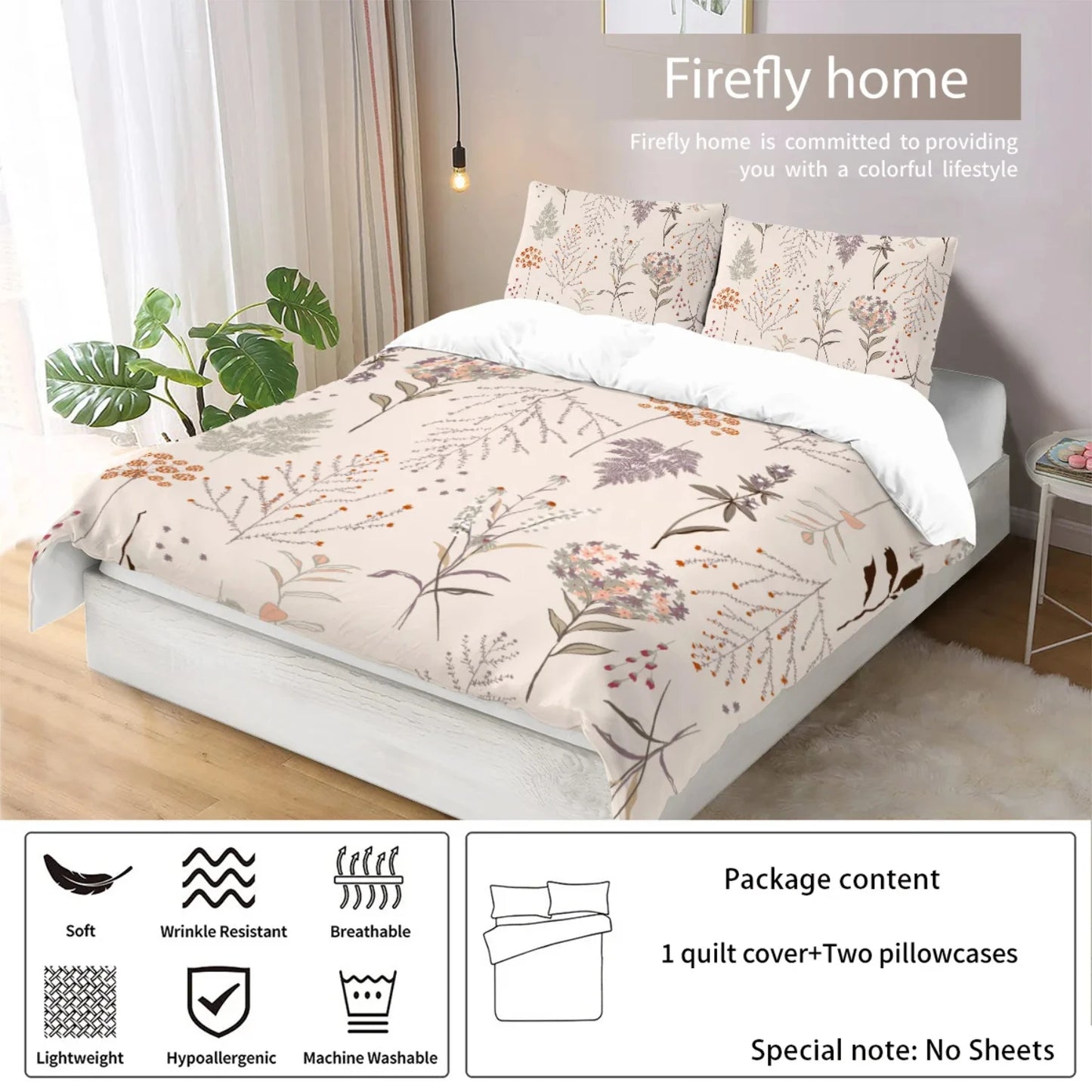 Luxurious, comfortable, and warm 3-piece matte polyester bedding set with fresh floral patterns and wildflowers for a stylish be