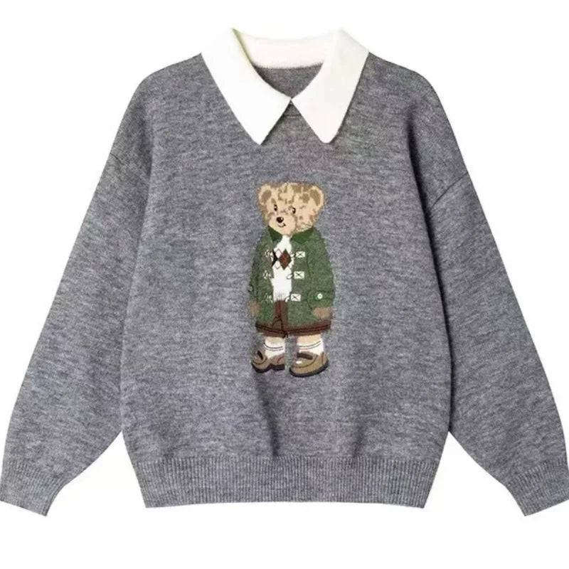 High Quality Embroidery POLO Neck Sweaters Korean Sweet Cute Bear Cartoon Jumper Pullover Winter Fashion Women Loose Casual Tops
