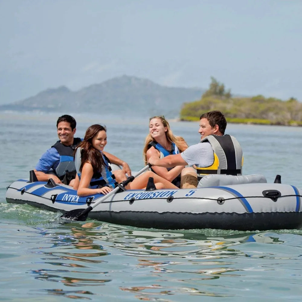 Excursion 5 Person Inflatable Boat Set with 2 Aluminum Oars and Pump, 12V Transom Mount Boat Trolling Motor