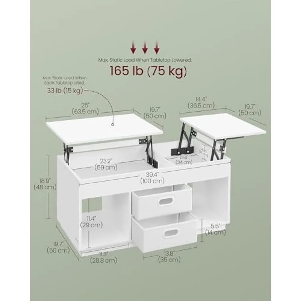 Coffee Table, Lift Top Coffee Table with 2 Drawers and Hidden Compartments, Center Table with Lift Tabletop, Open Compar