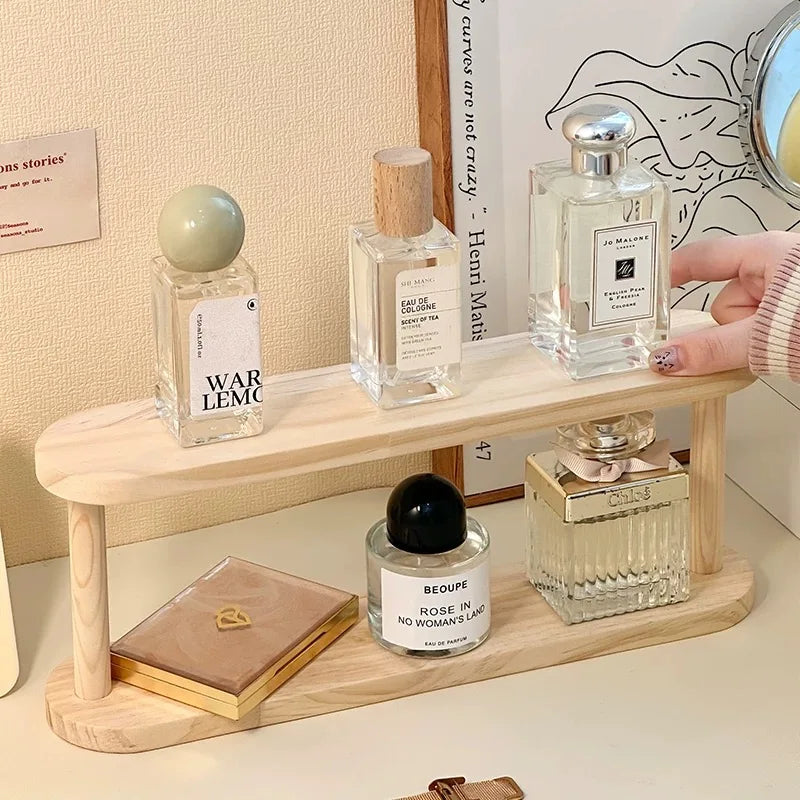 Wooden Storage Shelf 2-Tiers Desktop Organizer Shelves Desk Perfume Display Rack Desktop Dressing Table Cosmetics Storage Rack